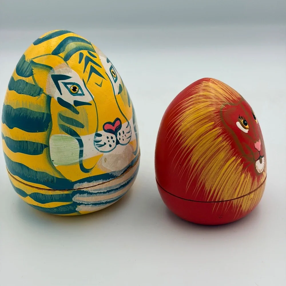 Vintage Hand Painted Wooden Nesting Egg Set Tiger and Lion Safari Folk Art 2pc